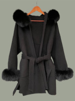 Cashmere wool mix coat with fox trims and hood